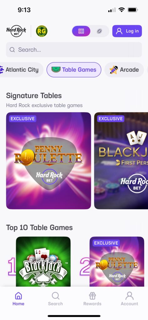 Hard Rock Bet Casino table games page
