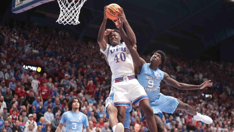 Kansas Jayhawks forward Flory Bidunga grabs a round against North Carolina