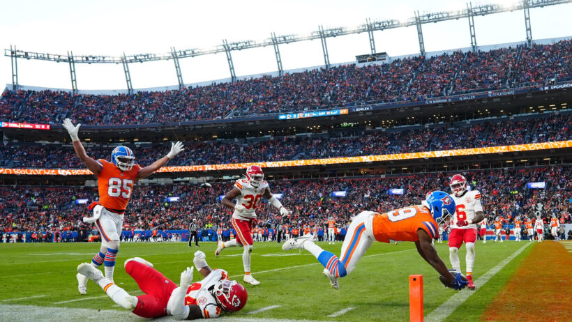 Denver Broncos wide receiver Marvin Mims Jr scoring a TD against the Kansas City Chiefs