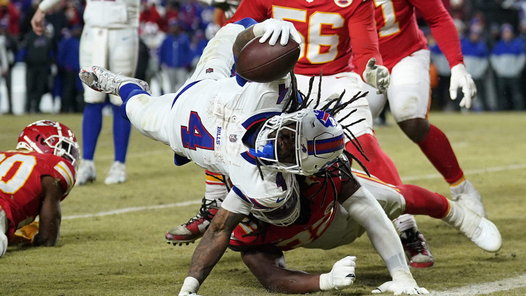 Buffalo Bills running back James Cook scoring a touchdown
