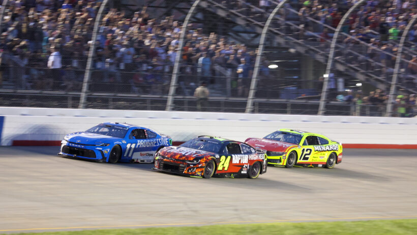 William Byron (24) and Denny Hamlin (11) on-track at Nashville (2025).