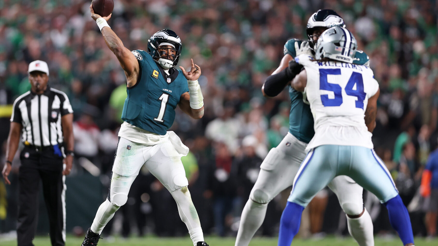 Philadelphia Eagles quarterback Jalen Hurts throws a pass against the Dallas Cowboys
