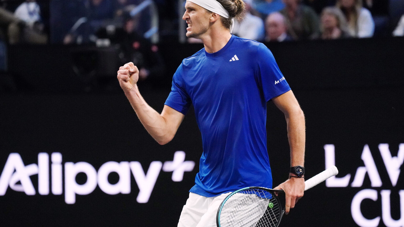 Alexander Zverev celebrates a win for Team Europe at the Laver Cup.