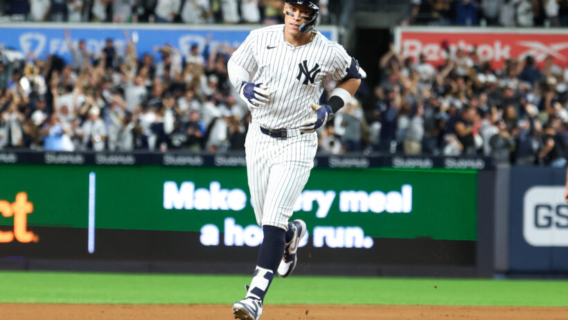 Aaron Judge rounds second base after a home run in the ALDS.