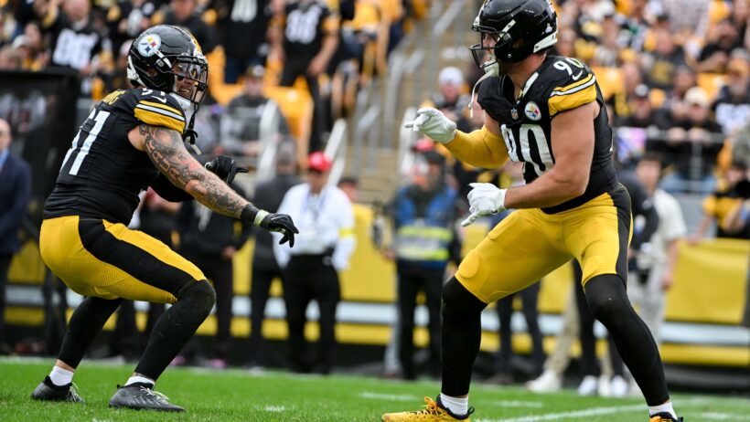 Pittsburgh Steelers outside linebacker T.J. Watt celebrates with linebacker Nick Herbig