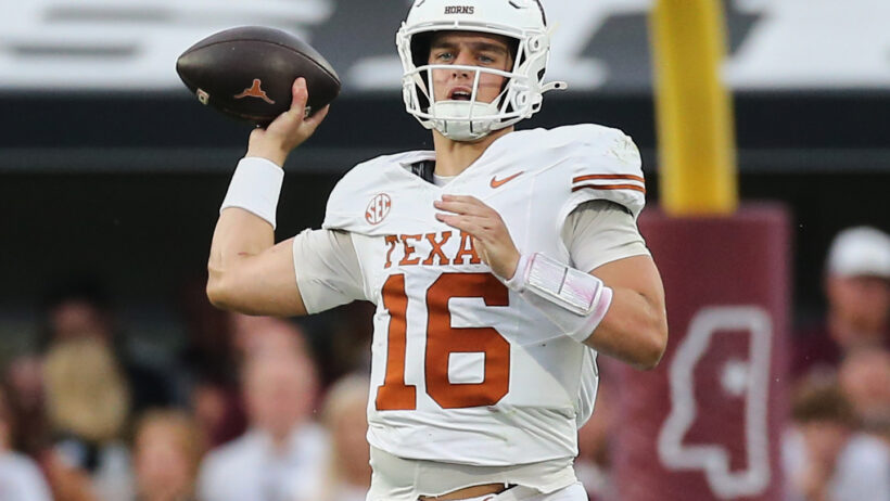 Arch Manning throws a pass in a win over Mississippi State.