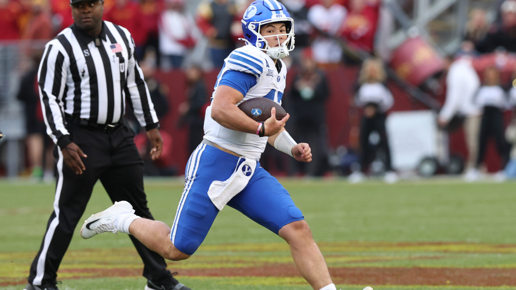 Bear Bachmeier rushes the ball in a victory over Iowa State.