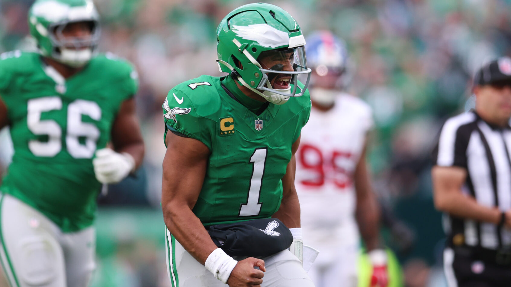 Jalen Hurts celebrates in an Eagles win over the Giants.