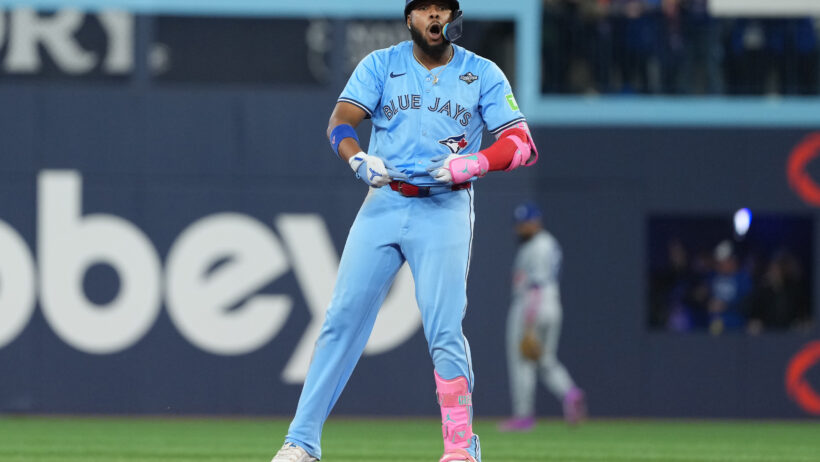 Vladimir Guerrero Jr. celebrates a double versus the Dodgers in Game 6.