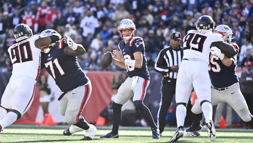 New England Patriots quarterback Drake Maye standing in the pocket