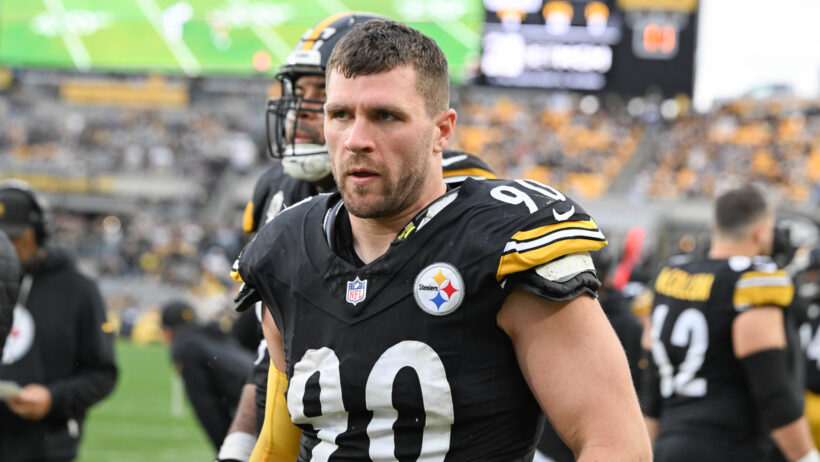 T.J. Watt without his helmet on the Steelers sideline in a game versus the Colts.