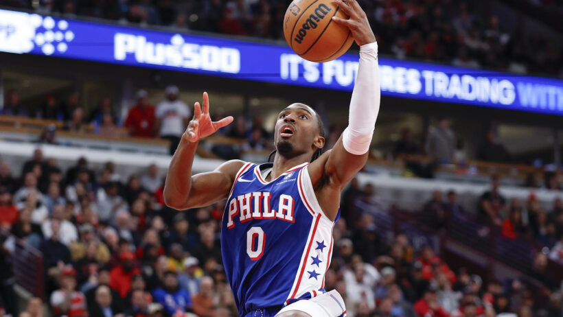 Philadelphia 76ers guard Tyrese Maxey goes for a layup