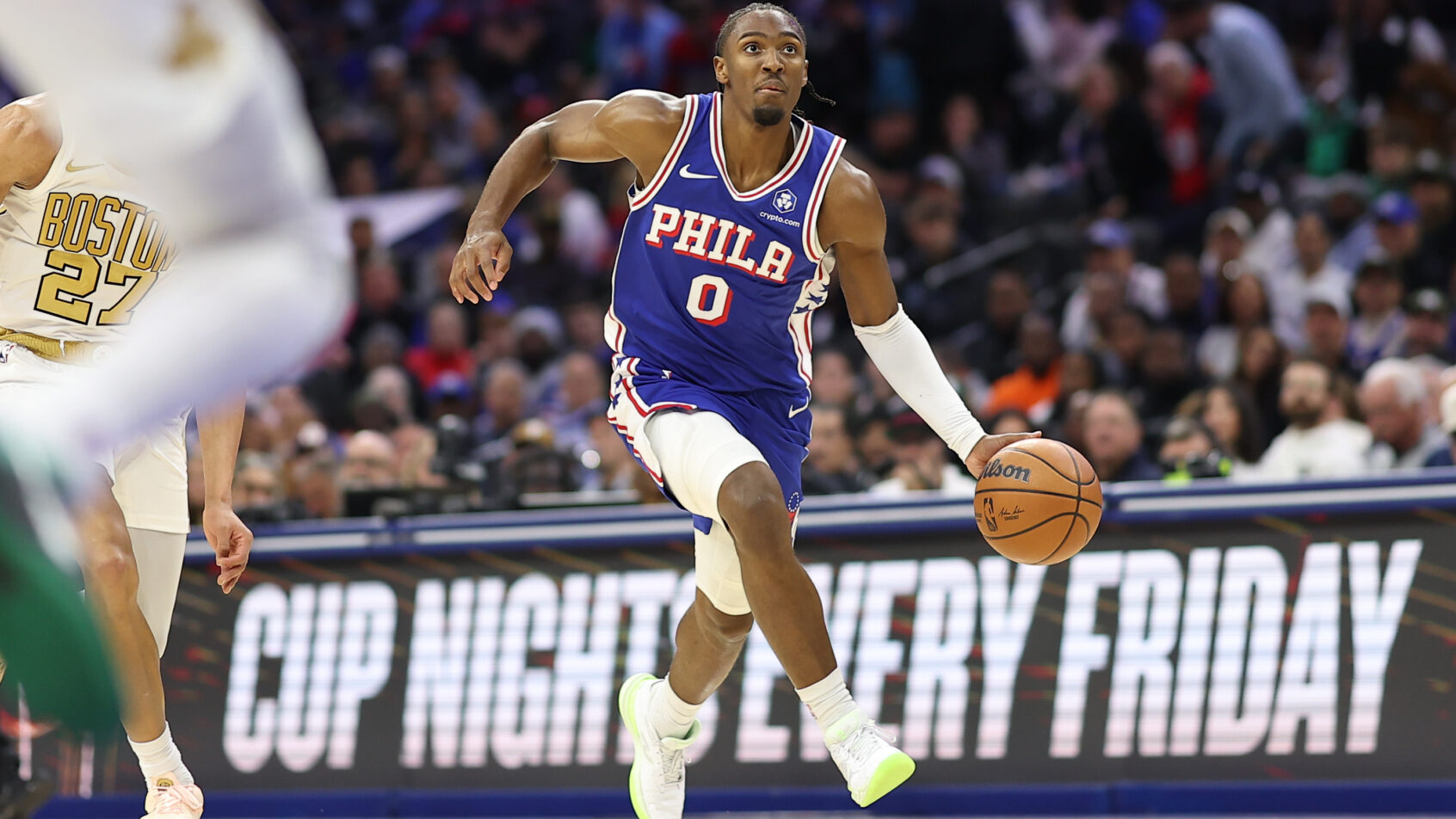 Philadelphia 76ers guard Tyrese Maxey drives to the basket