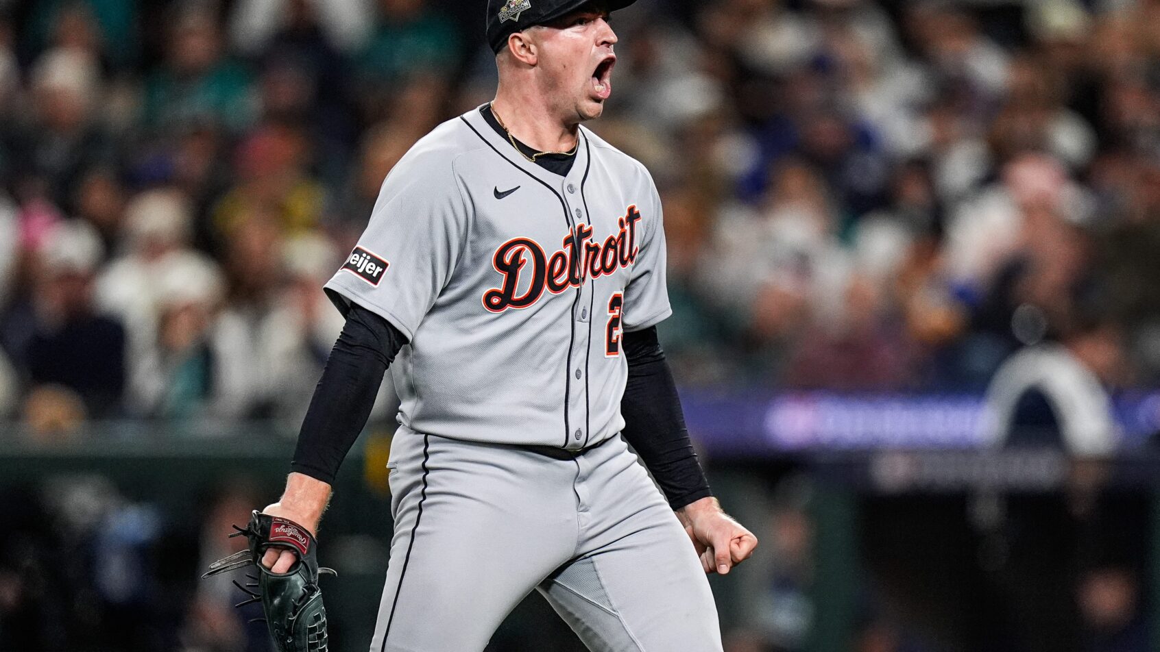 Tarik Skubal celebrates a strikeout in Game 7 of the ALDS.