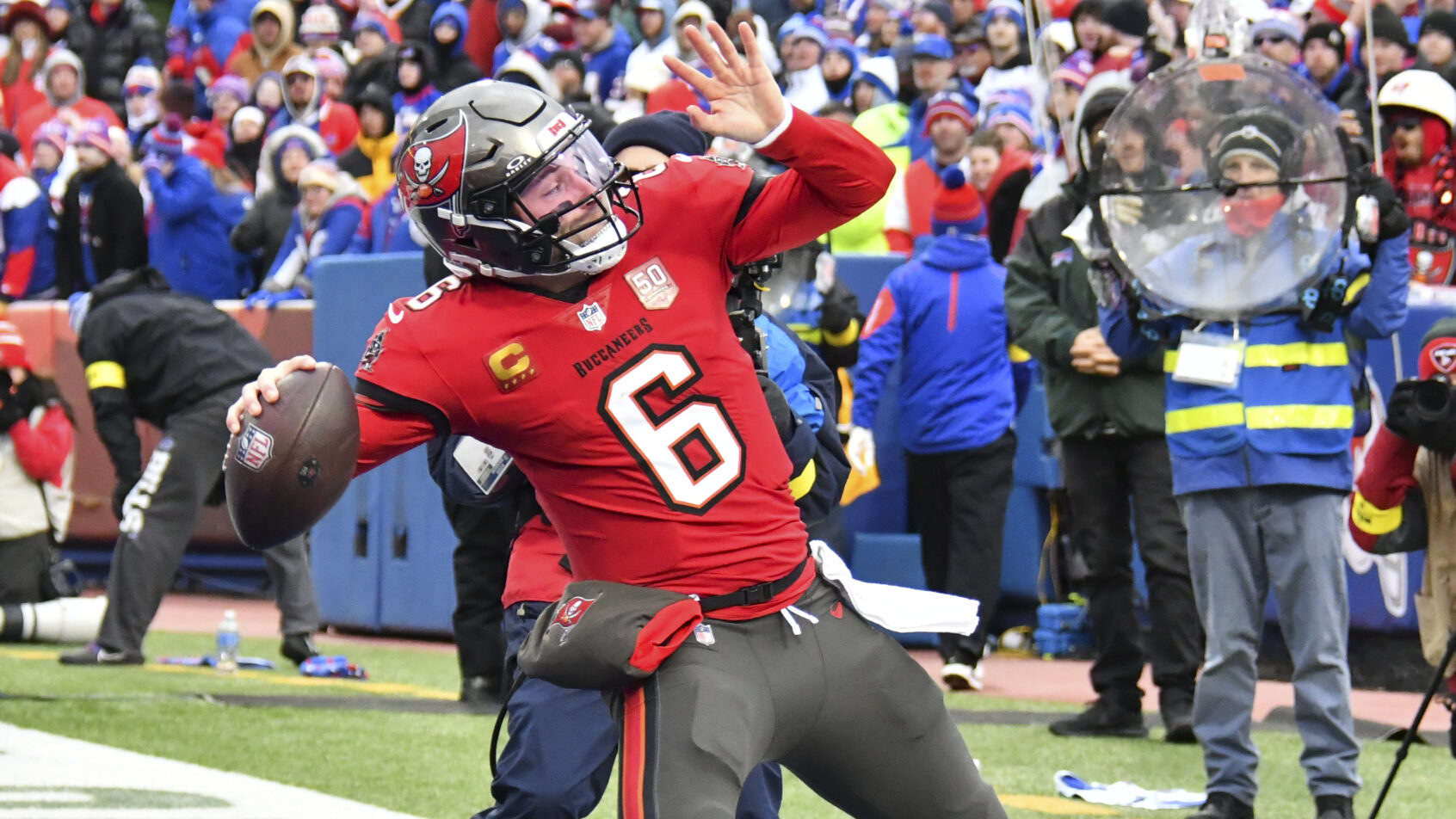 Baker Mayfield celebrates a touchdown versus the Bills.