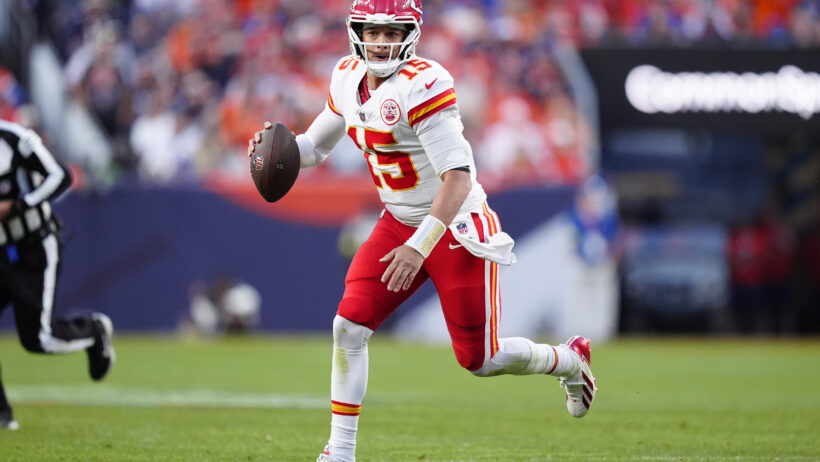 Patrick Mahomes escapes the pocket in a game versus the Broncos.
