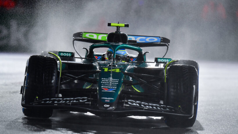 Fernando Alonso on track during Las Vegas Grand Prix qualifying.