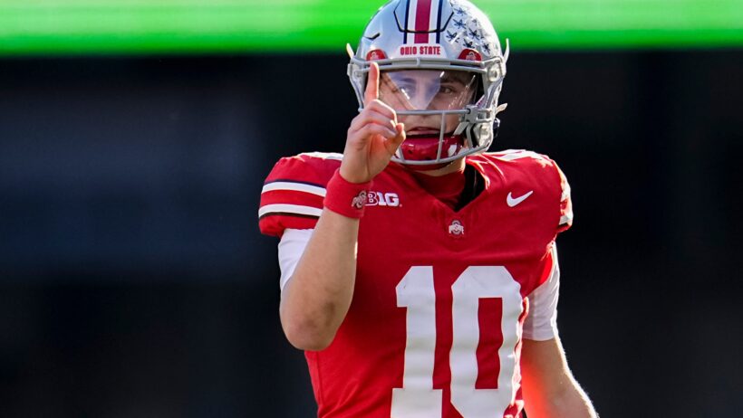Julian Sayin celebrates a first down vs Rutgers.