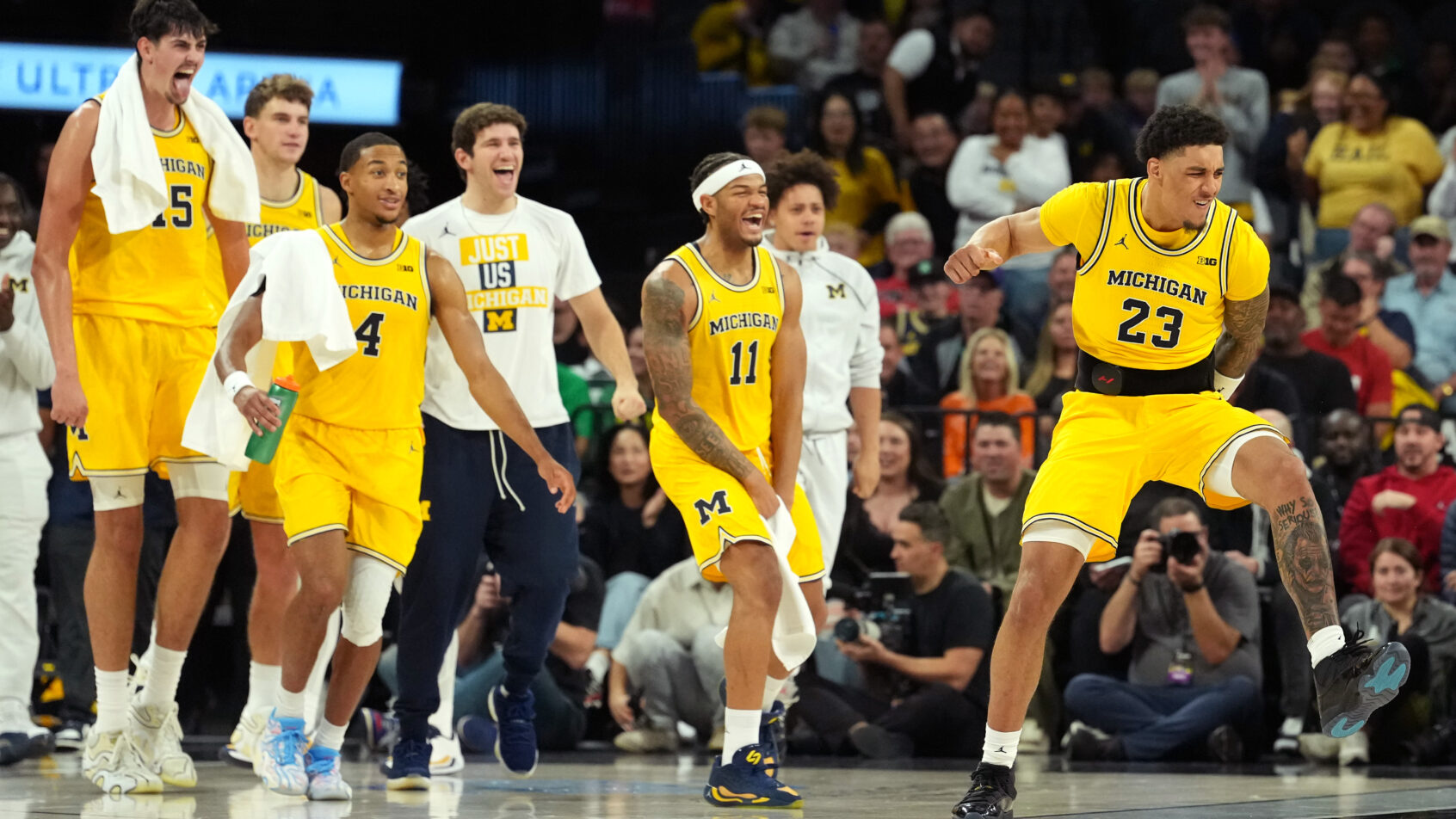 Michigan Wolverines forward Yaxel Lendeborg celebrating a basket