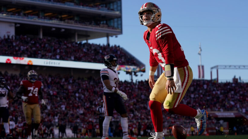 San Francisco 49ers quarterback Brock Purdy celebrates at TD