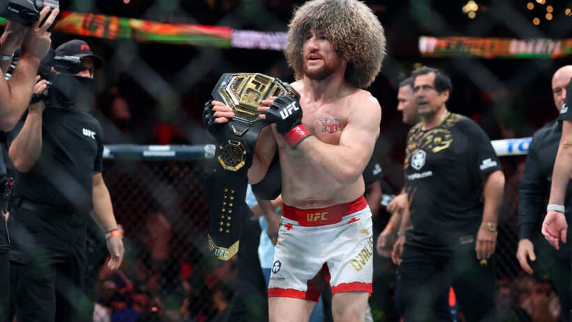 Merab Dvalishvili celebrates a title defense over Sean O'Malley.