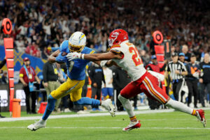 Los Angeles Chargers wide receiver Quentin Johnston running with the ball against the Kansas City Chiefs