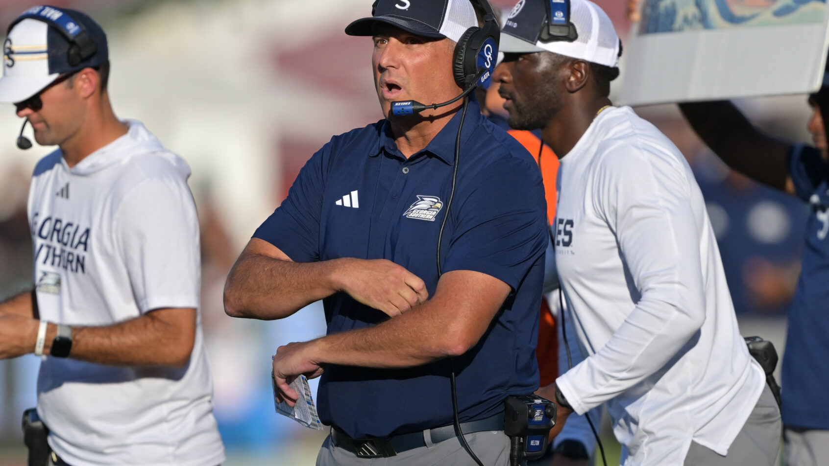 Clay Helton looks on from the sidelines during a Georgia Southern vs USC contest.