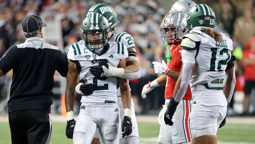 The Ohio Bobcats defense celebrates a stop against Ohio State.