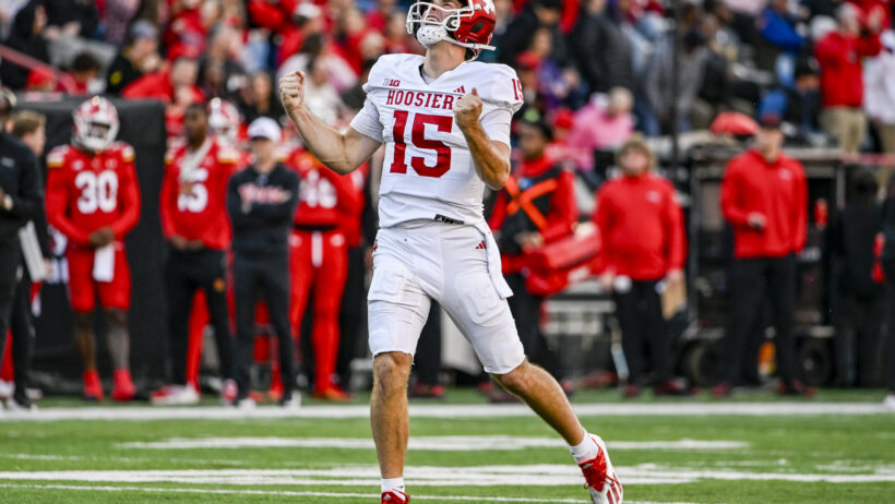 Indiana Hoosiers quarterback Fernando Mendoza celebrates after throwing a touchdown