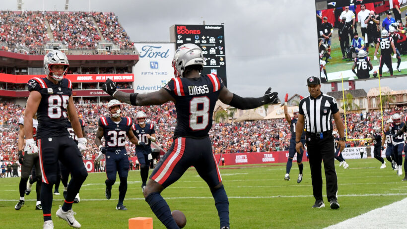 New England Patriots wide receiver Stefon Diggs celebrates a TD