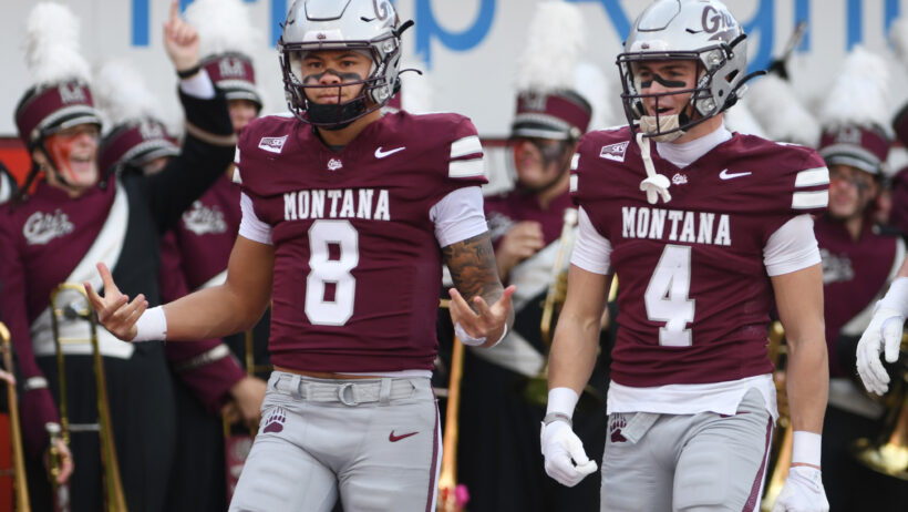 Montana Grizzlies quarterback Keali'I Ah Yat celebrates a Grizzlies touchdown.