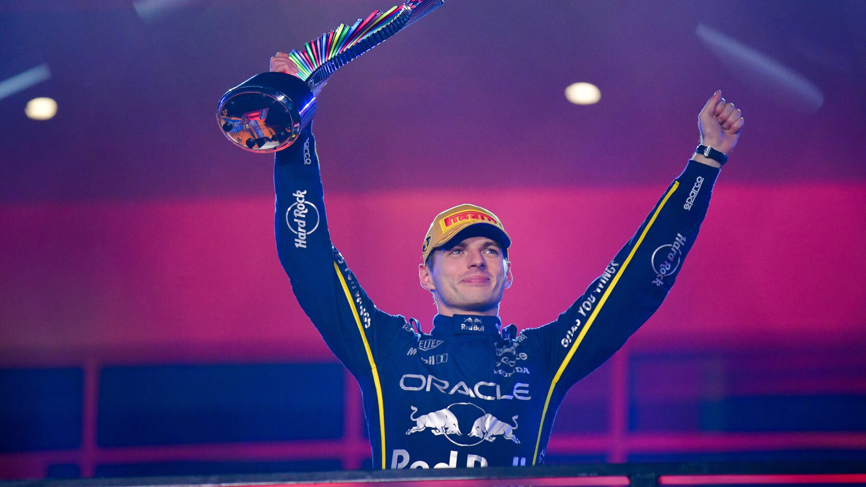 Max Verstappen with the Las Vegas Grand Prix Trophy.