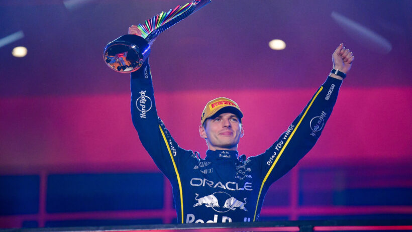 Max Verstappen with the Las Vegas Grand Prix Trophy.