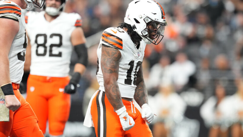 Quinshon Judkins celebrates a TD versus the Raiders.