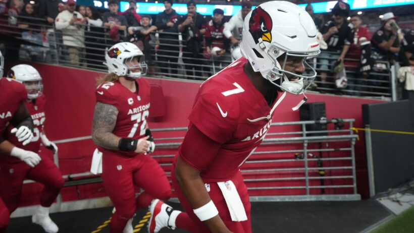 Jacoby Brissett enters the field for pregame warmups