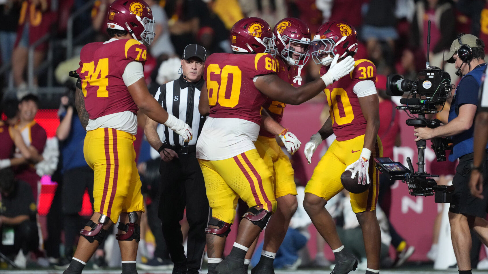 USC celebrates a touchdown versus UCLA.