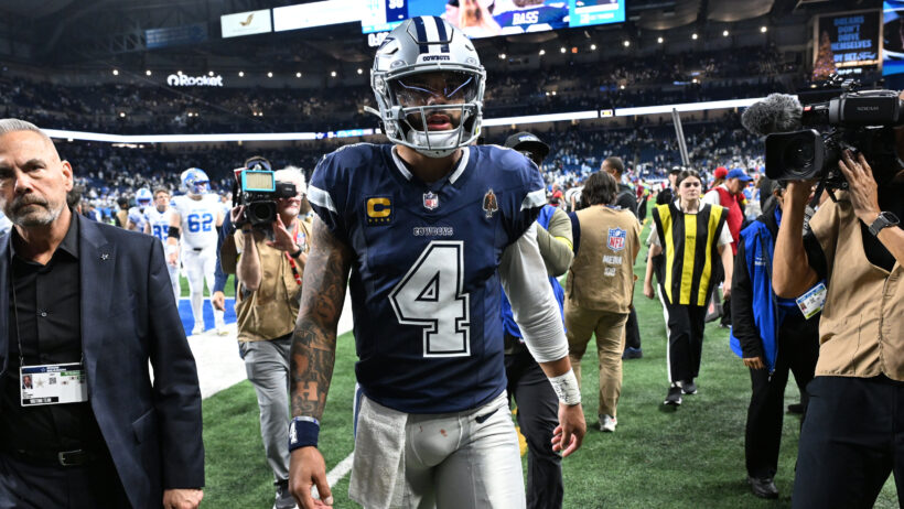 Dak Prescott leaves the field in Detroit following a Cowboys loss.