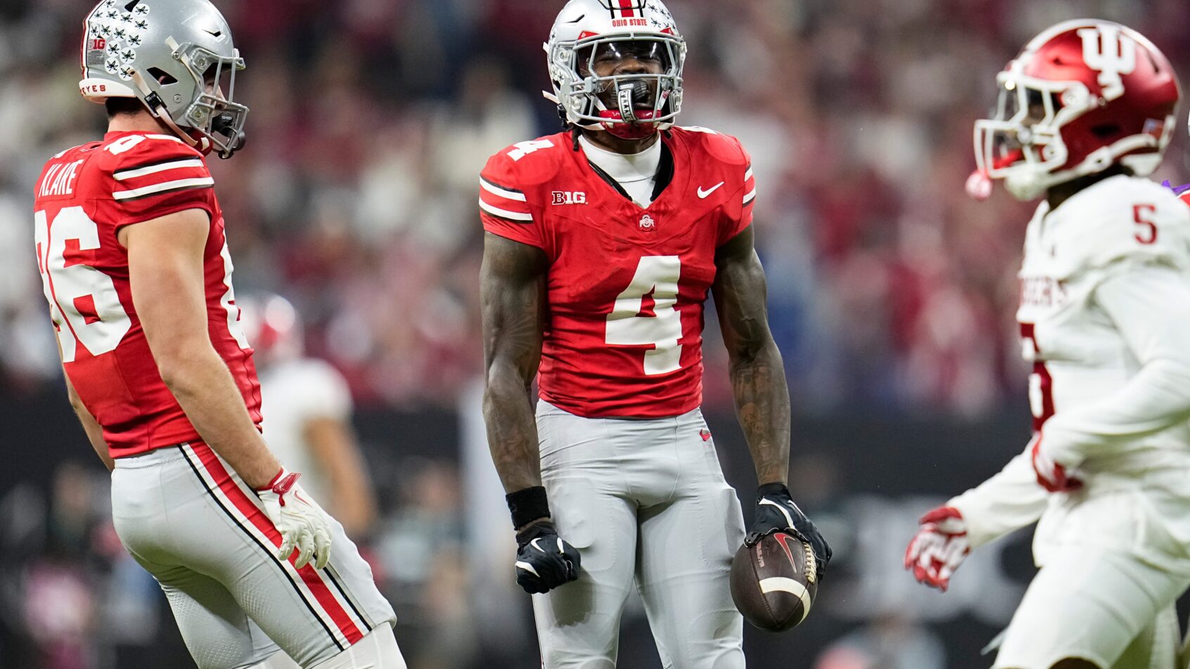 Jeremiah Smith celebrates a catch versus Indiana.