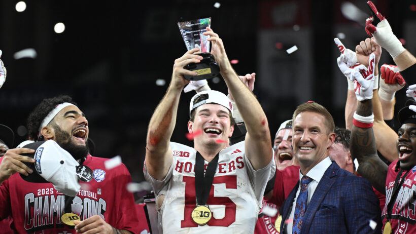 Fernando Mendoza celebrates Indiana's Big Ten championship.
