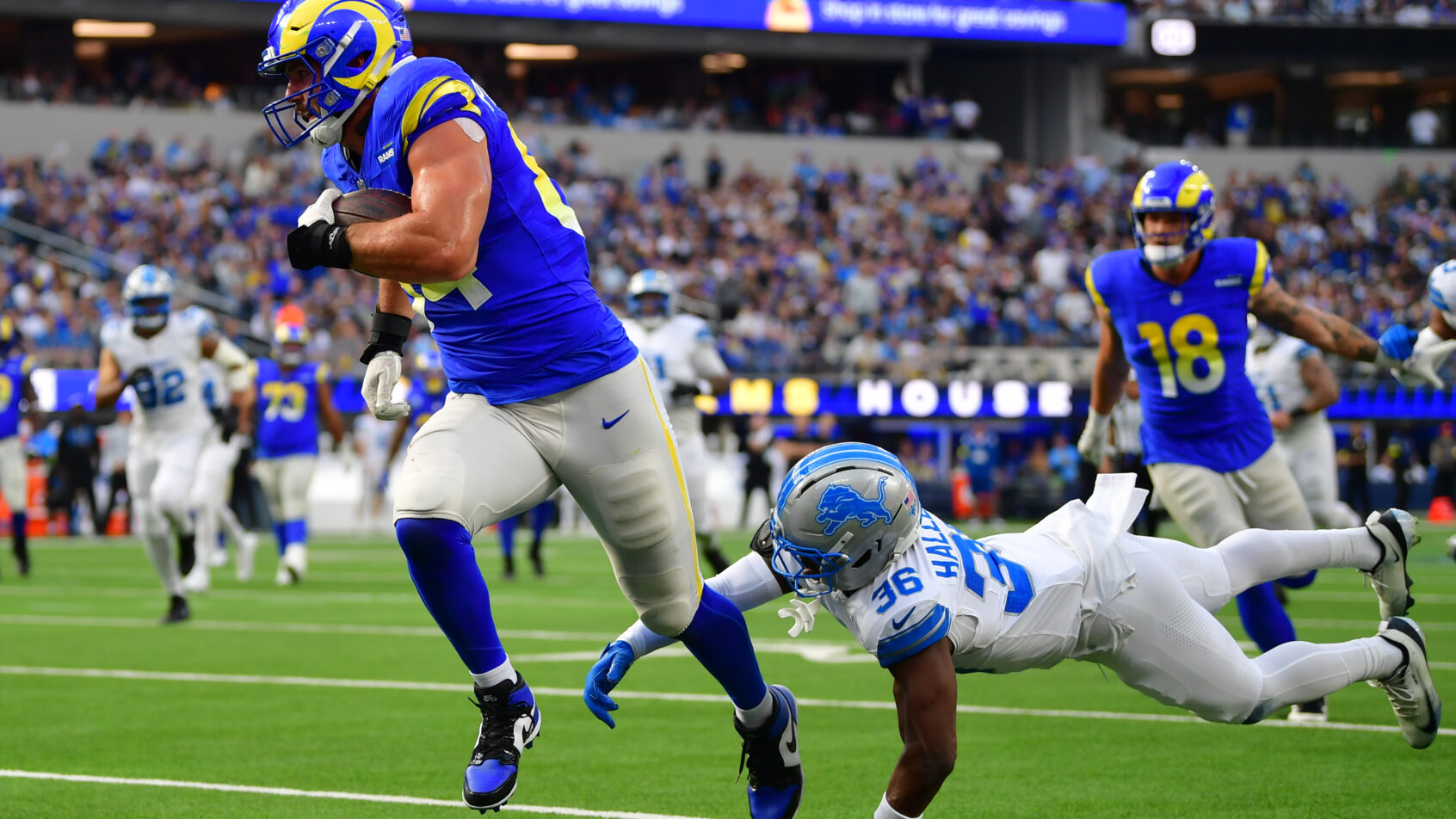 Colby Parkinson breaks a tackle after a catch versus the Lions.