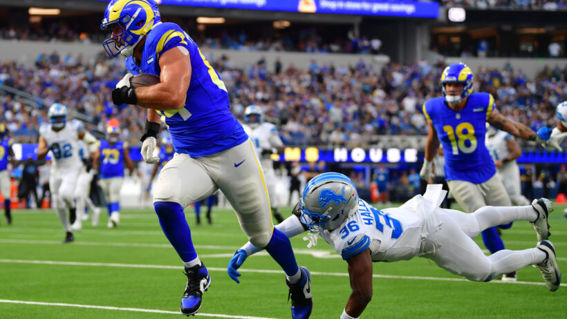 Colby Parkinson breaks a tackle after a catch versus the Lions.