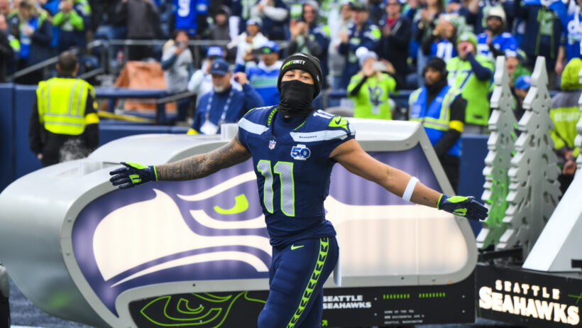 Jaxon Smith-Njigba pregame entrance ahead of a matchup with the Colts.