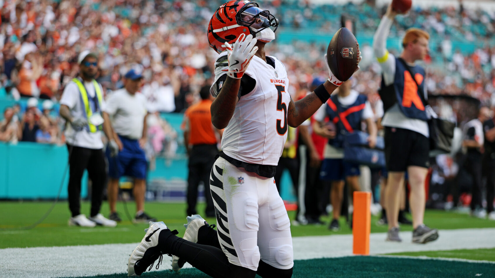 Tee Higgins celebrates a touchdown catch.