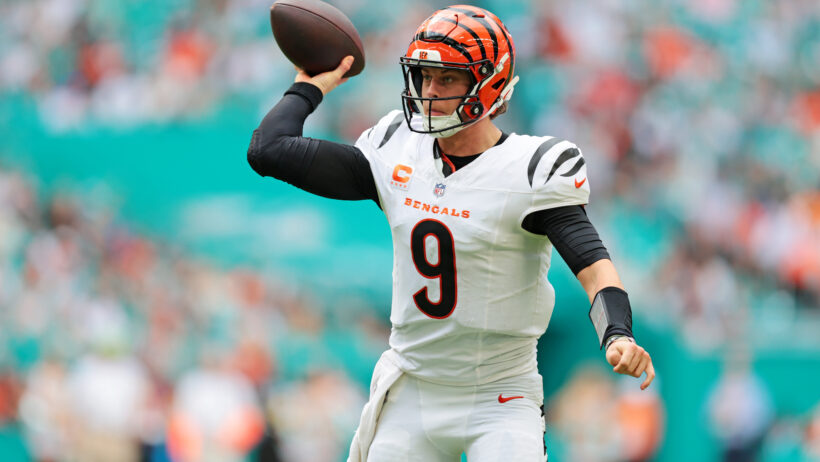 Joe Burrow drops back to pass versus the Dolphins.