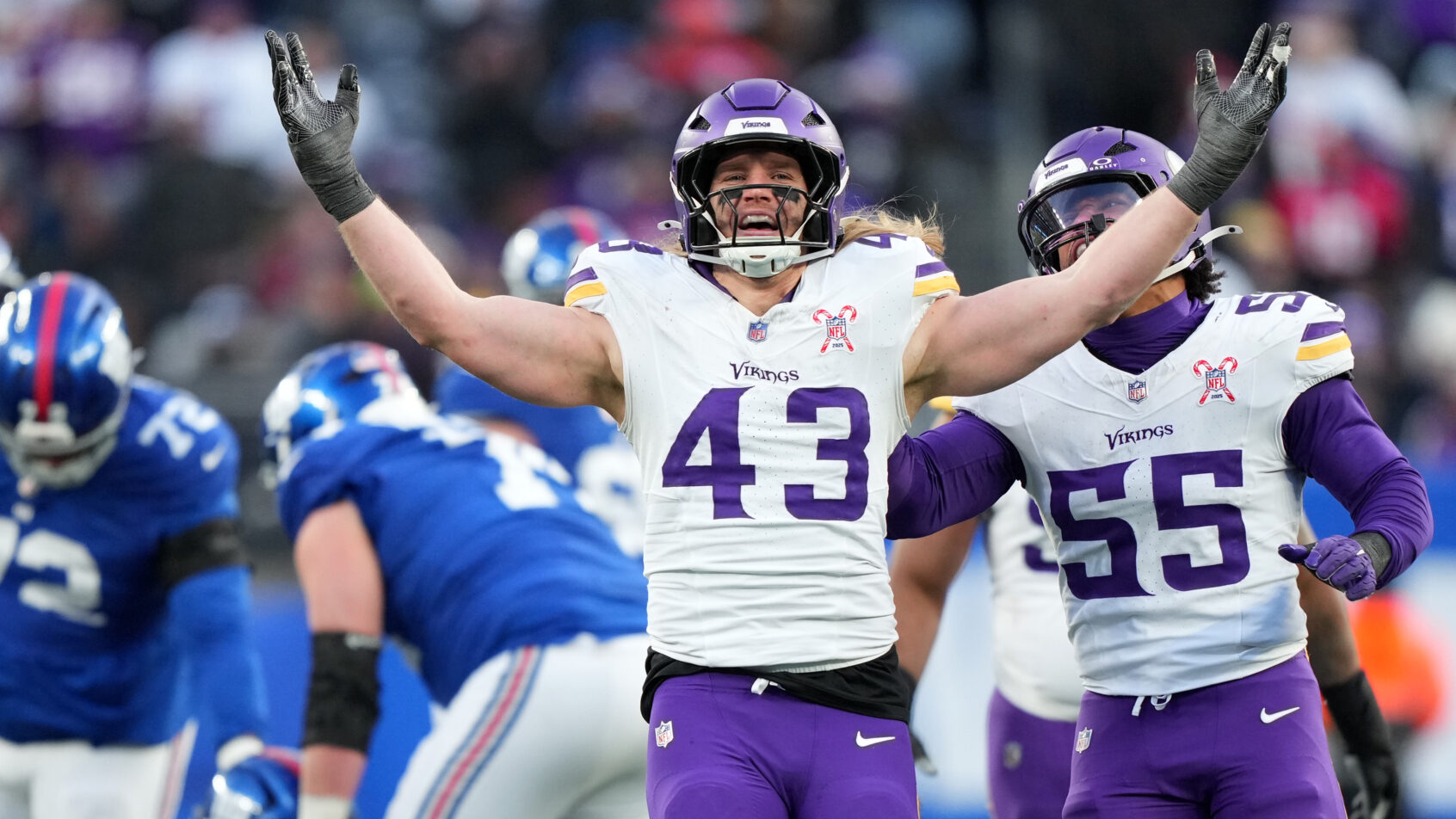 Andrew van Ginkel celebrates a Vikings defensive stand versus the Giants.
