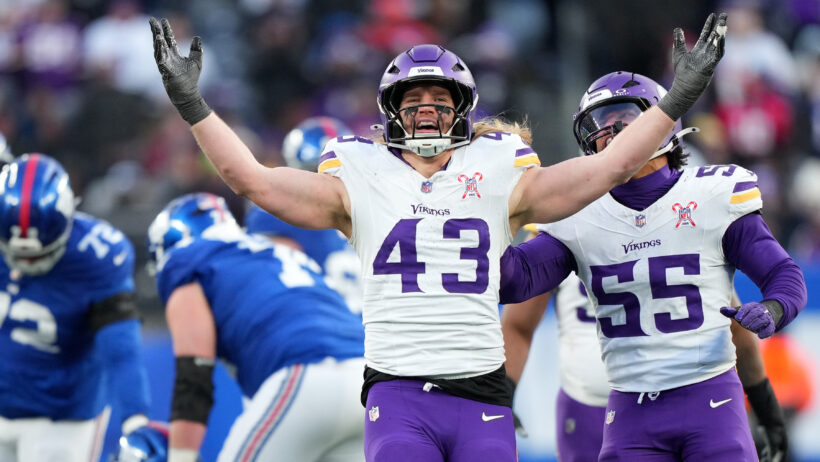 Andrew van Ginkel celebrates a Vikings defensive stand versus the Giants.