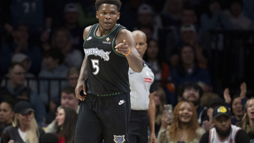 Anthony Edwards acknowledges a teammate after a bucket vs the Knicks.