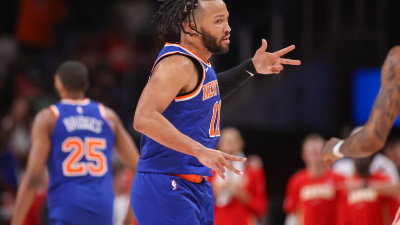 New York Knicks guard Jalen Brunson gestures after hitting a three