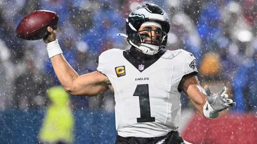 Philadelphia Eagles quarterback Jalen Hurts throwing a pass