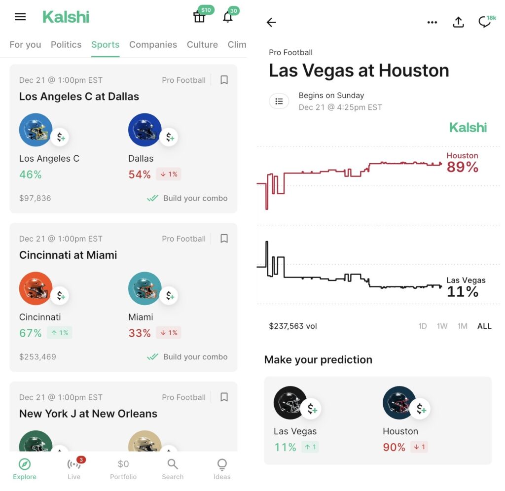 Texas Sports Betting. Kalshi screenshots.